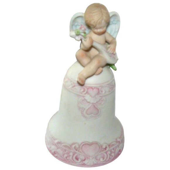Bisque Porcelain Angel Music Box "Love Me Tender" Bell Pink Heart Enesco Vintage - Picture 4 of 9